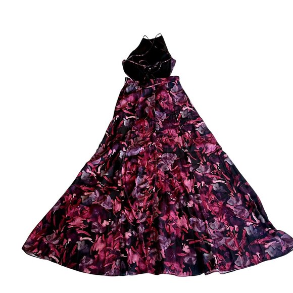 Fame And Partners Purple Floral Maxi Dress Halter Strappy Back High Slit Size 0 - Picture 7 of 13